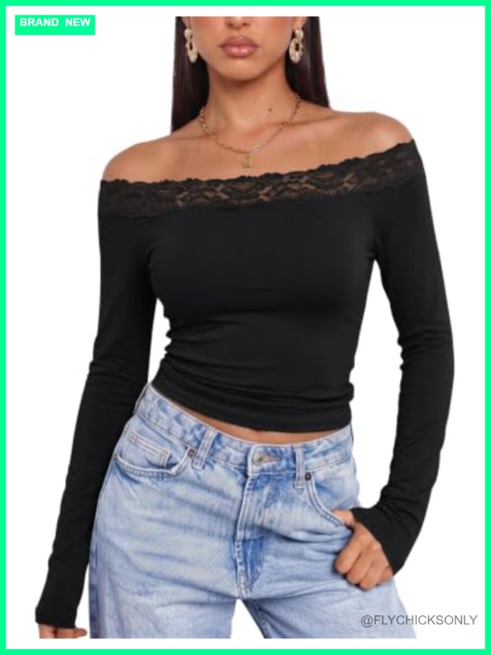 Lace Trim Off The Shoulder Long Sleeve Top Y2K Slim Fit